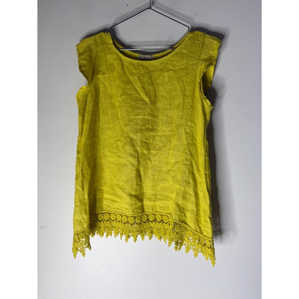 Terzo Millennio Italy Yellow Linen Crochet Lace Trim Sleeveless Blouse Top Small
